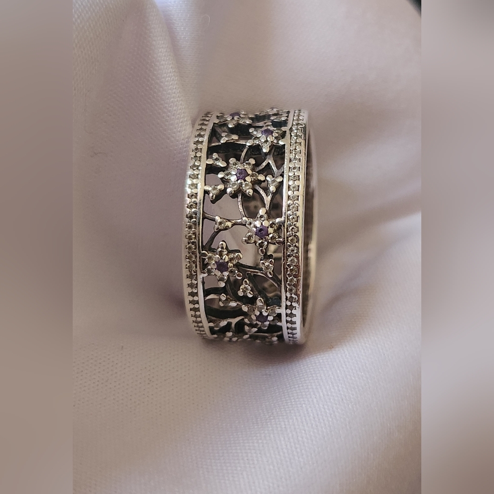 Pandora Sterling Silver Forget Me Not Floral Ring Clear And Purple Stones